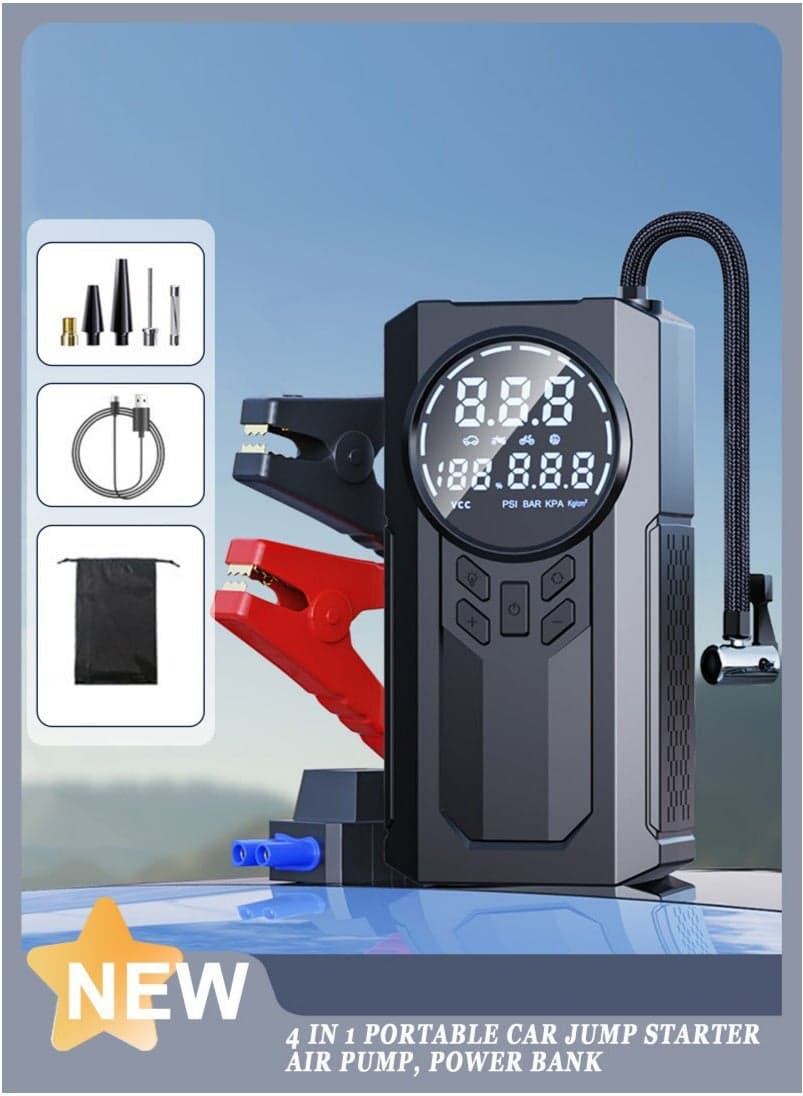 Portable Cordless Car Battery Emergency Starter, Tire Air Pump, Air Compressor To Easily Inflate Tires, LED Display, With Flashlight, Mobile Power Supply, Large Capacity Storage