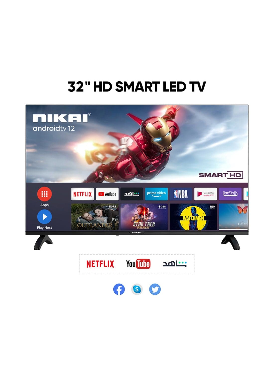 32 Inch Smart LED TV | HD 1366 x 768 Resolution | Android TV with Wi-Fi & DLNA | Quad-Core Processor | 16W Speaker Power | 2x HDMI, 2x USB | Netflix, YouTube, Shahid NTV3200SLED / NTV3200SLED4 Black