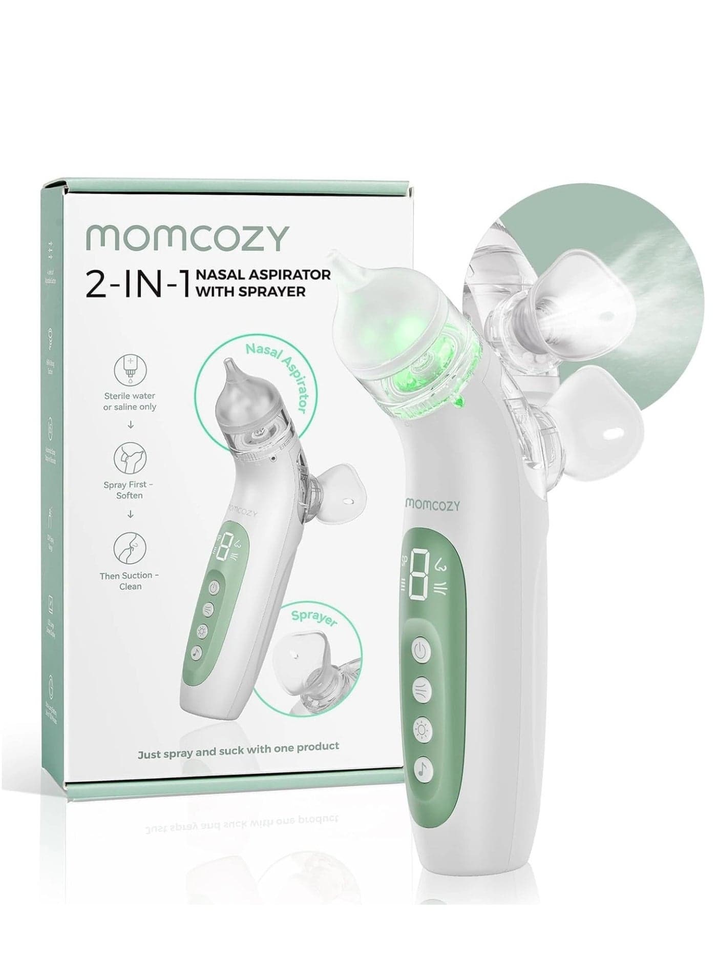 2-in-1 Electric Nasal Aspirator for Baby with Spray, 65kPa Hospital-Grade Suction, 4 Adjustable Levels, Quiet & Portable Nose Cleaner with Soothing Light & Music