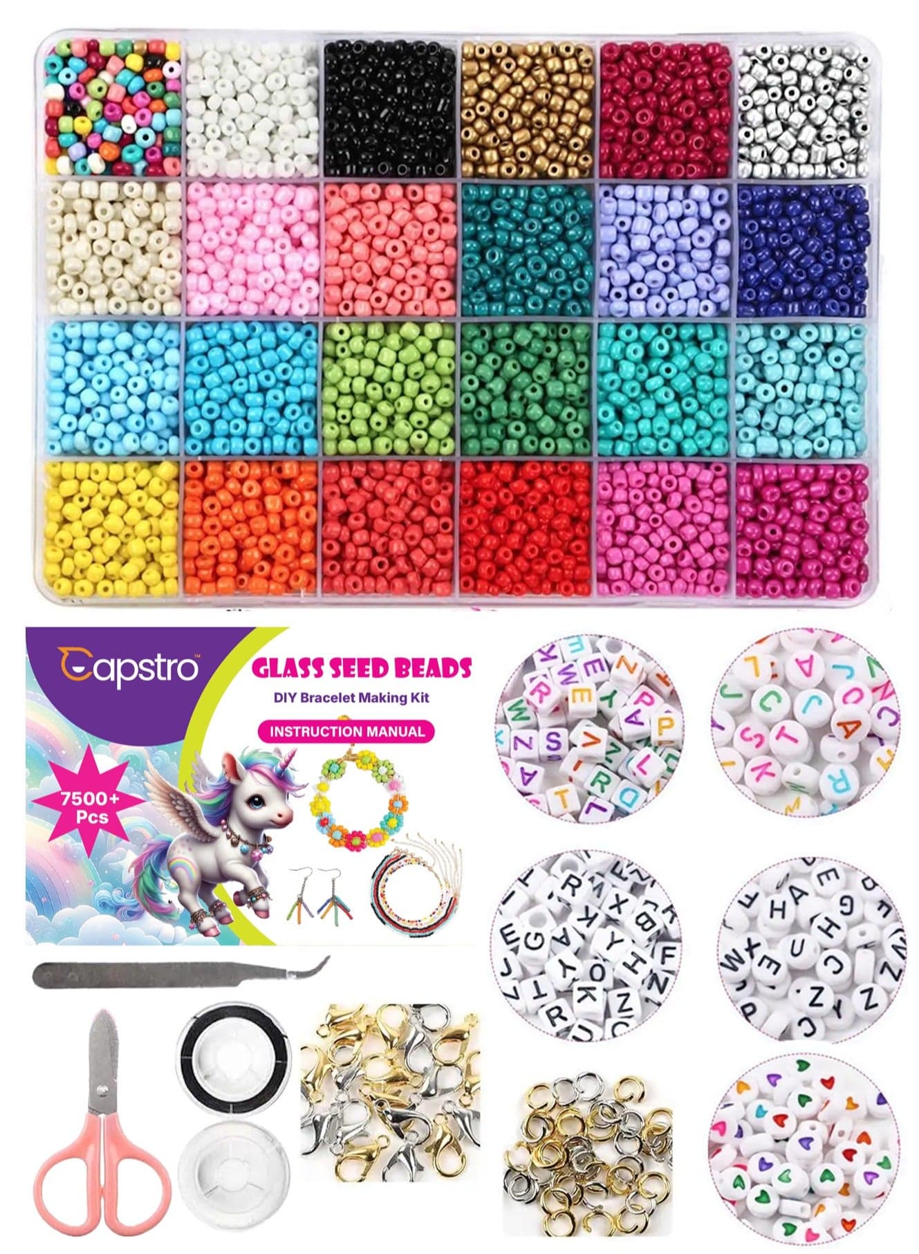 7500+ Pcs Glass Seed Beads for Bracelets Making Kit including 300pcs Alphabet Letter Beads with Elastic String, Tweezers, Clasps, and Accessories for DIY Jewelry & Craft Making