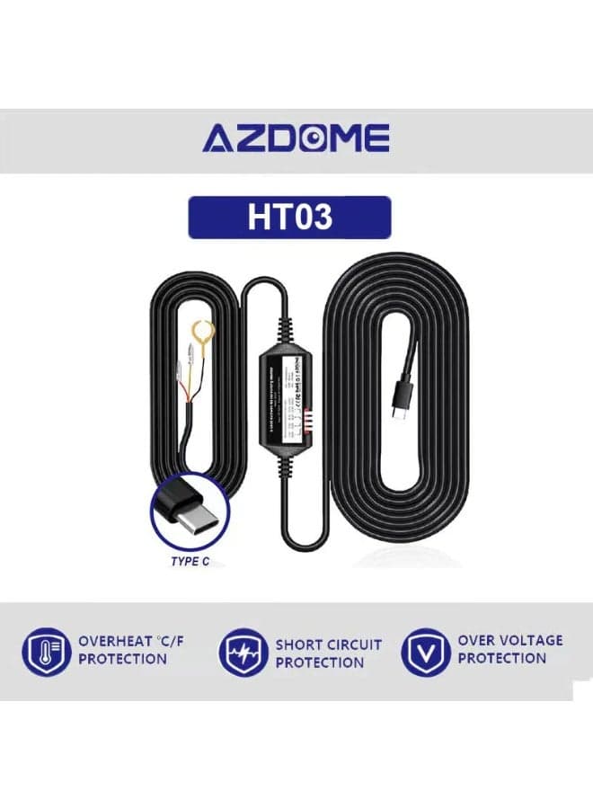 HT03 Type-C Hardwire Kit for Dash Cams, 24-Hour Parking Mode, 12V-24V to 5V/2.5A, Low-Voltage & Multi-Circuit Protection, 3.5m Cable with Fuse