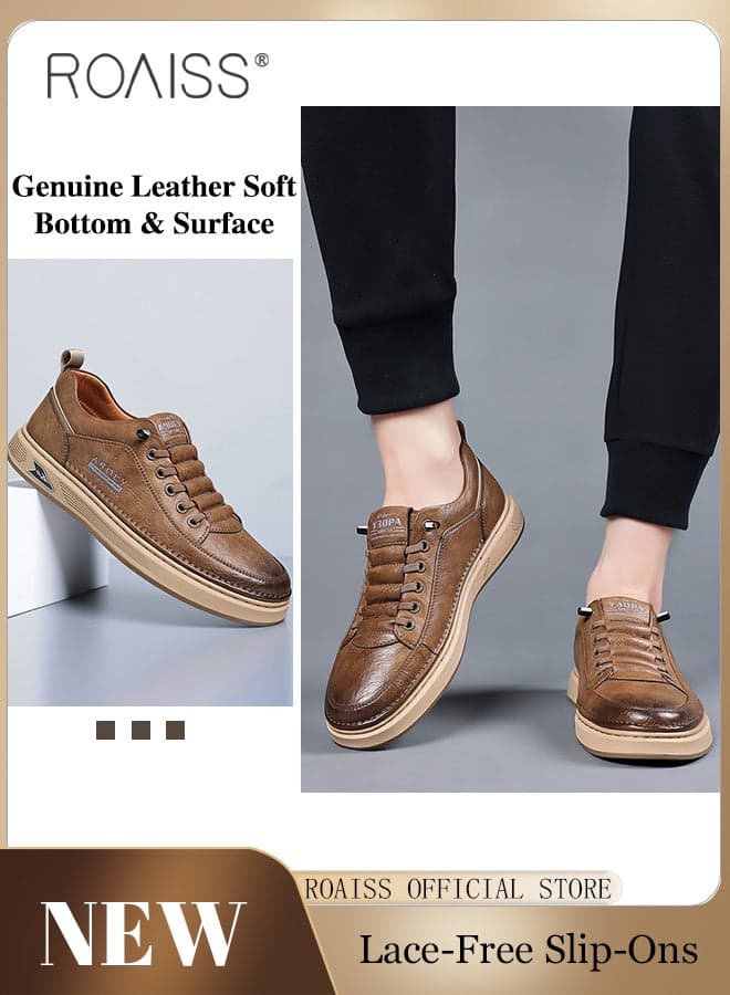 Men's Casual Leather Shoes Retro Low-Top Oxfords Mens Round Toe Low Heel Lace Up Leather Shoes with Rubber Wear-Resistant Sole Brown Waterproof Wear-Resist Comfortable Shoes