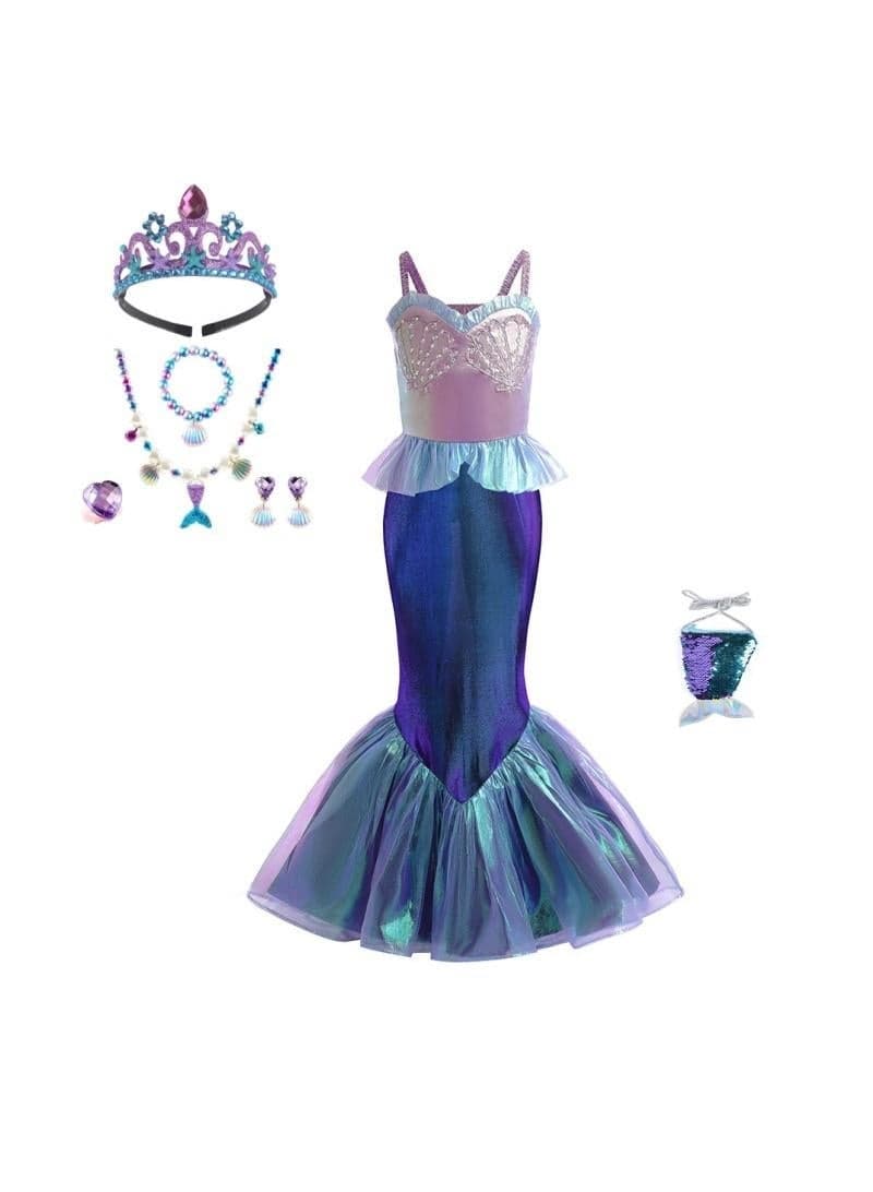 Ariel Little Mermaid Complete Cosplay Dress Set for Girls - Party Performance Outfit with Faux Jewelry & Bag, Perfect Children's Day Gift