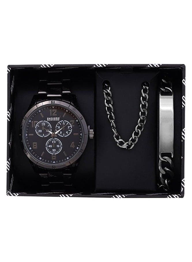 Men's Analog Black Case Black Metal Strap Set Watch