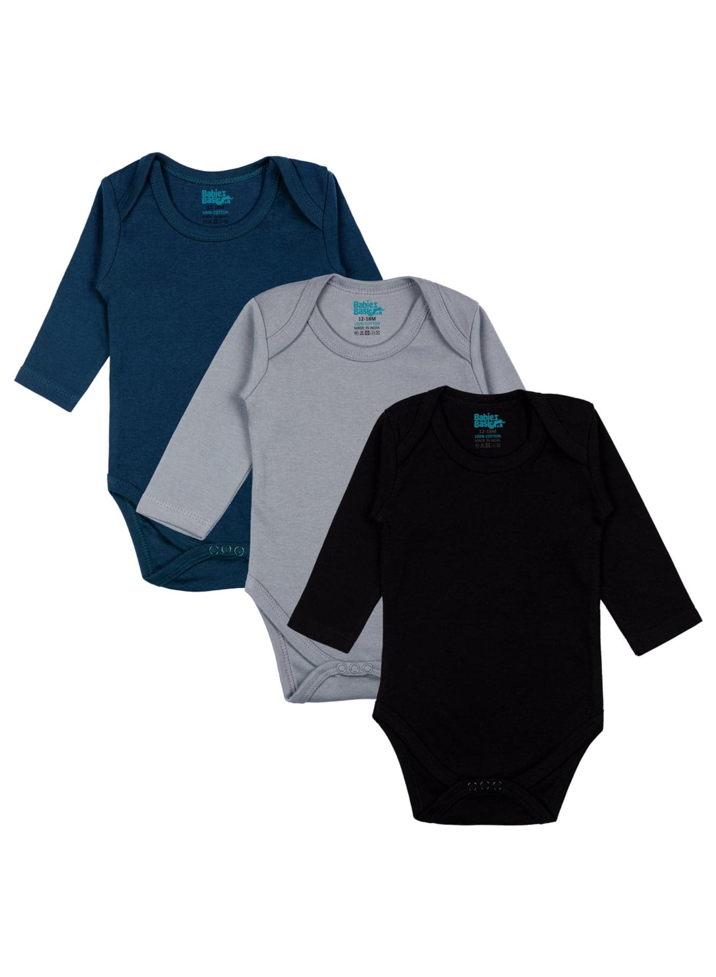 100% Super Soft Cotton, Long Sleeves Romper/Bodysuit, For New Born To 24Months, Set Of 3 - Black, Navy,Grey