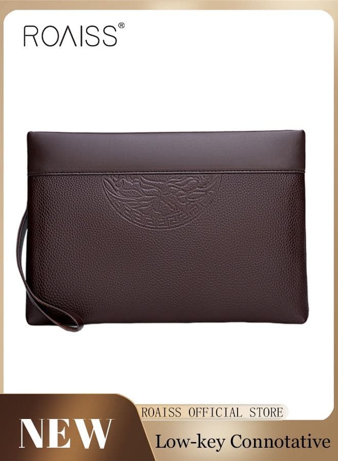 Men's Leather Clutch Bag Totem Embossed Printing Portable Handbag Super Slim Anti-Theft Minimalist Textured Large Wallet Card Case Gift for Men Multi Compartment Zipper Soft and Lightweight Commuter Bag Brown