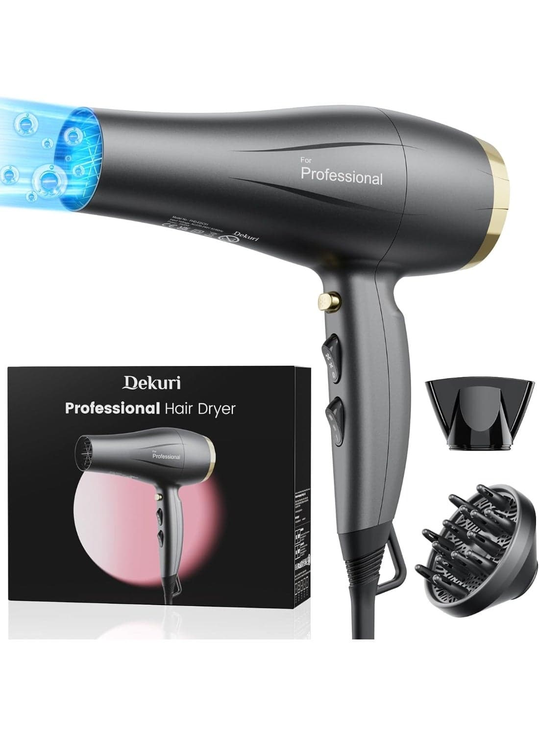 Hair Dryer with Diffuser, Professional Salon Ionic Hairdryer with Nozzle, 3 Heat Setting & 2 Speed, Cool Shot Button, Fast Drying Hair dryers for Women and Men, for Curly Hair, Gray