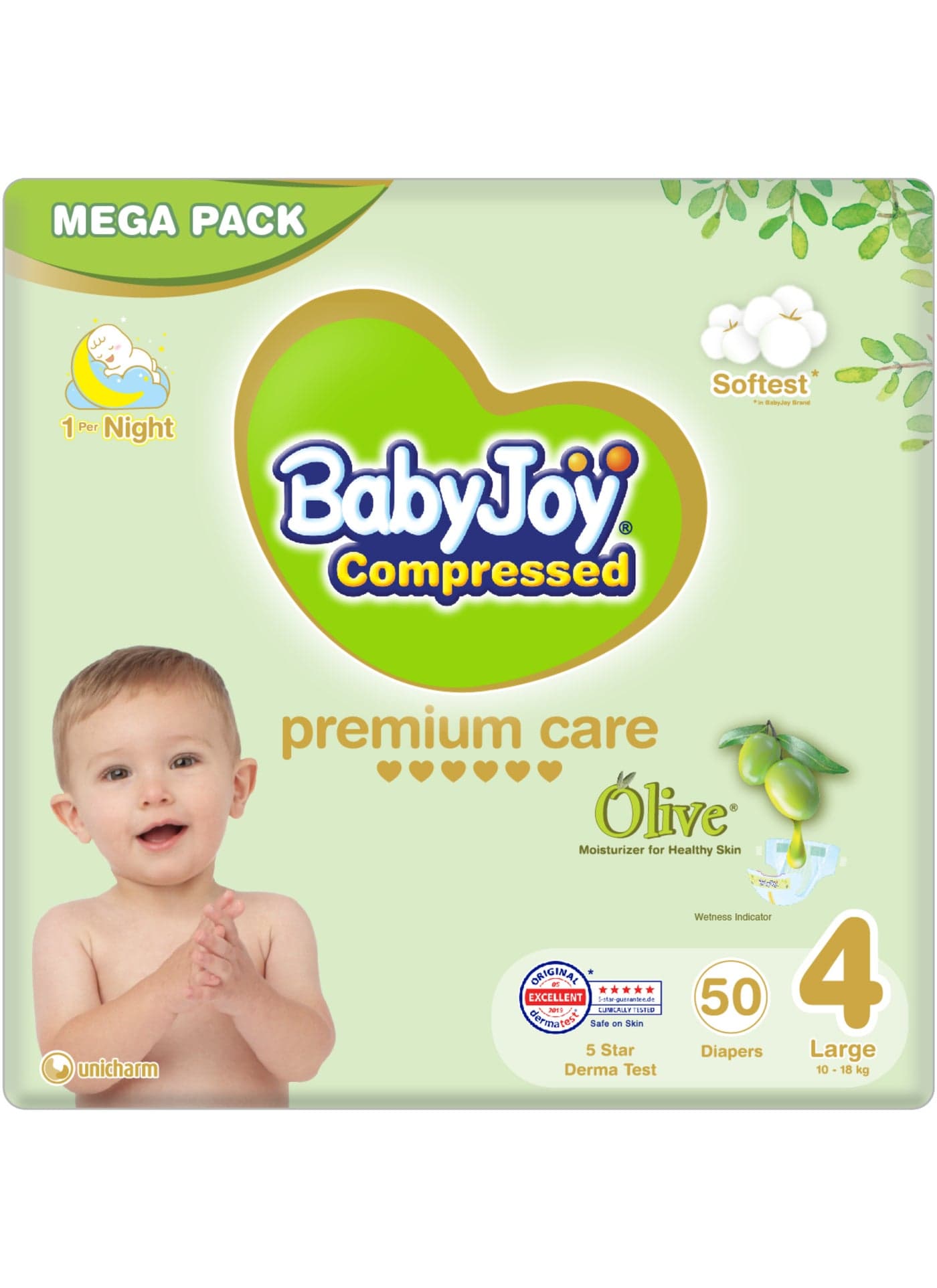 Olive Tape Diaper, Size 4, Large, 10-18 Kg, Mega Pack, 50 Diapers