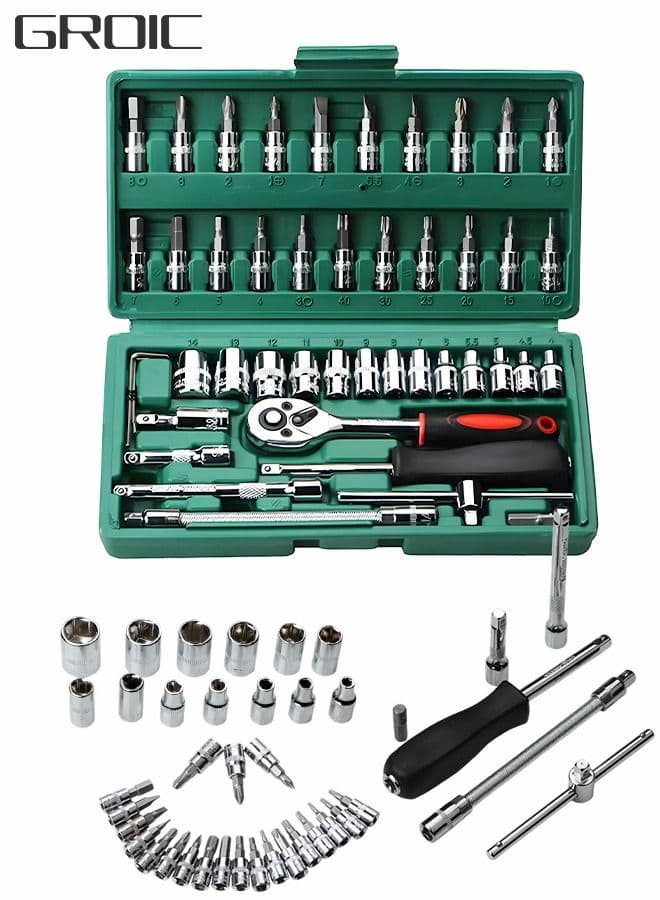 46 Pieces 1/4 inch Drive Socket Ratchet Wrench Set, with Bit Socket Set Metric and Extension Bar for DIY, Auto Repairing and Household, with Storage Case,Multifunction Repair Hand Tool Kit