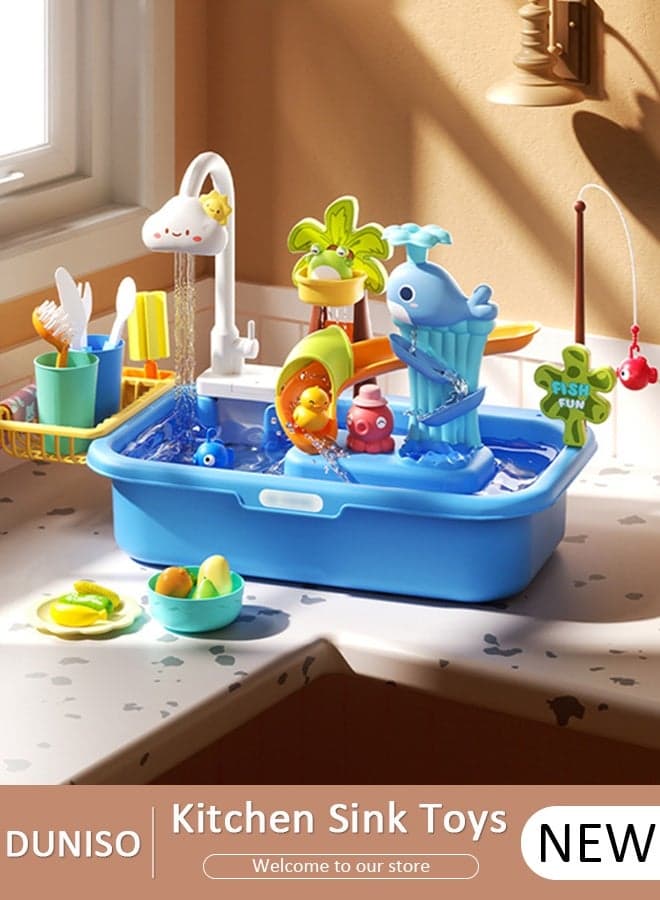 Play Sink Toys with Running Water and Electric Faucet,Pretend Play Kitchen Accessories Role Play Dishwasher Toy for Kids with Automatic Water Cycle System