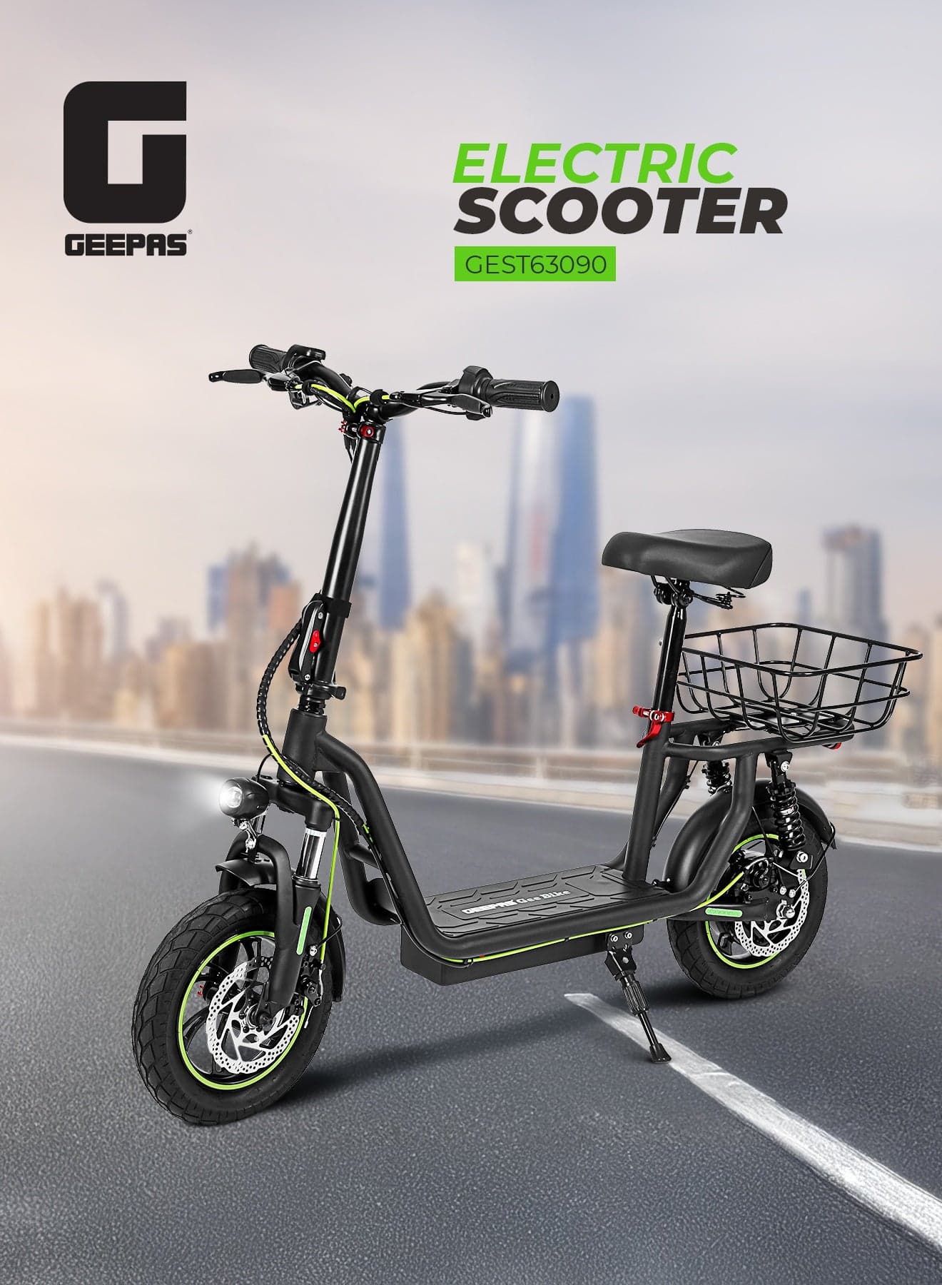 12" Electric Scooter with Suspension | 25 Km/hr , Brake Lights, Front & Rear Suspension| Rear Basket, Adjustable Speed Powerful performance | GEST63090 Black