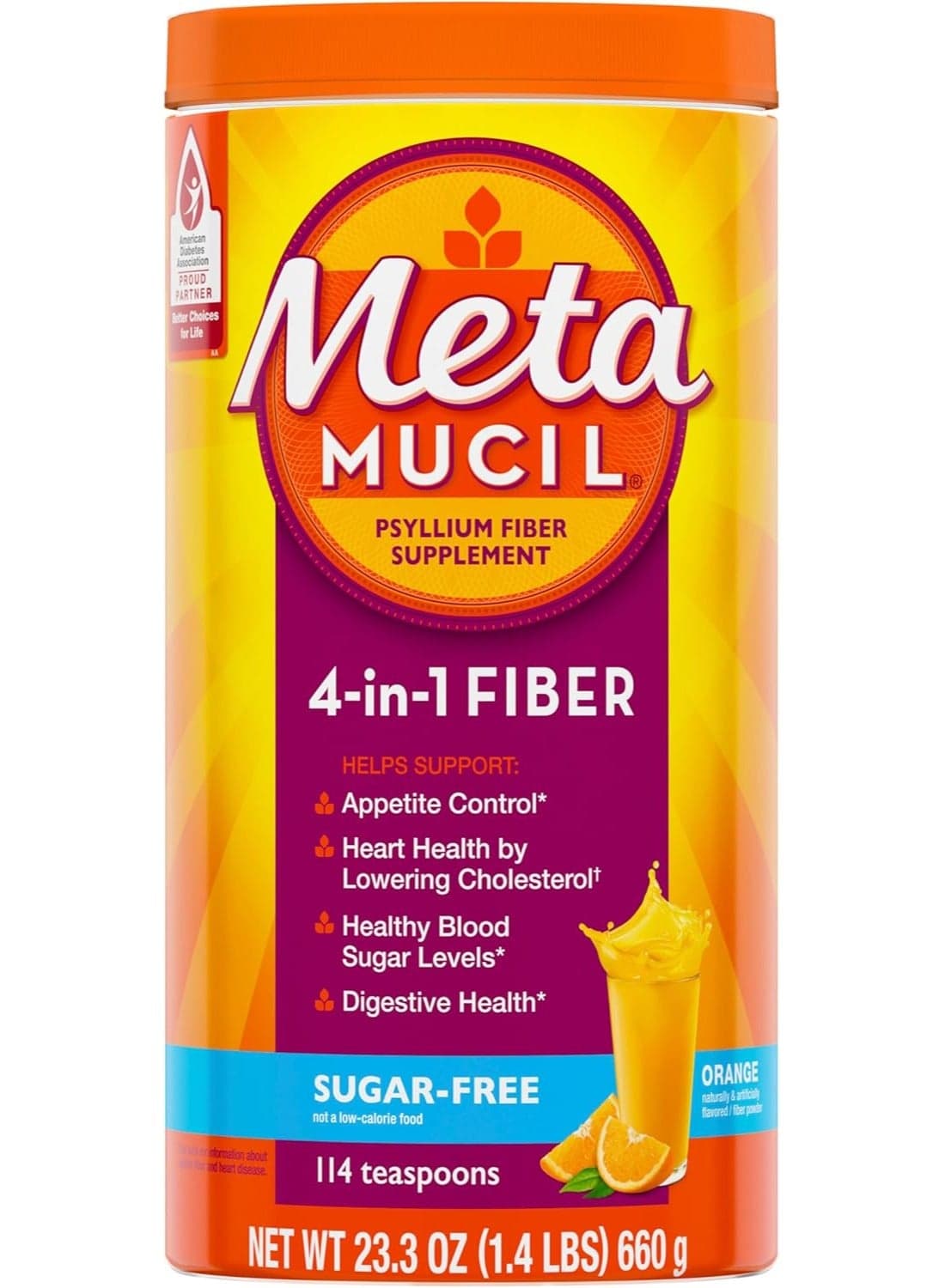 4-in-1 Psyllium Fiber Supplement, Orange, 114 Teaspoons, 1.4 Lbs