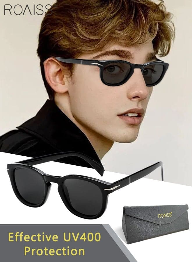 Round Polarized Sunglasses for Men Women, UV400 Protection Sun Glasses with TAC Lens, Fashion Anti-Glare Sun Shades for Men Driving, Fishing, Traveling, Black, 47mm