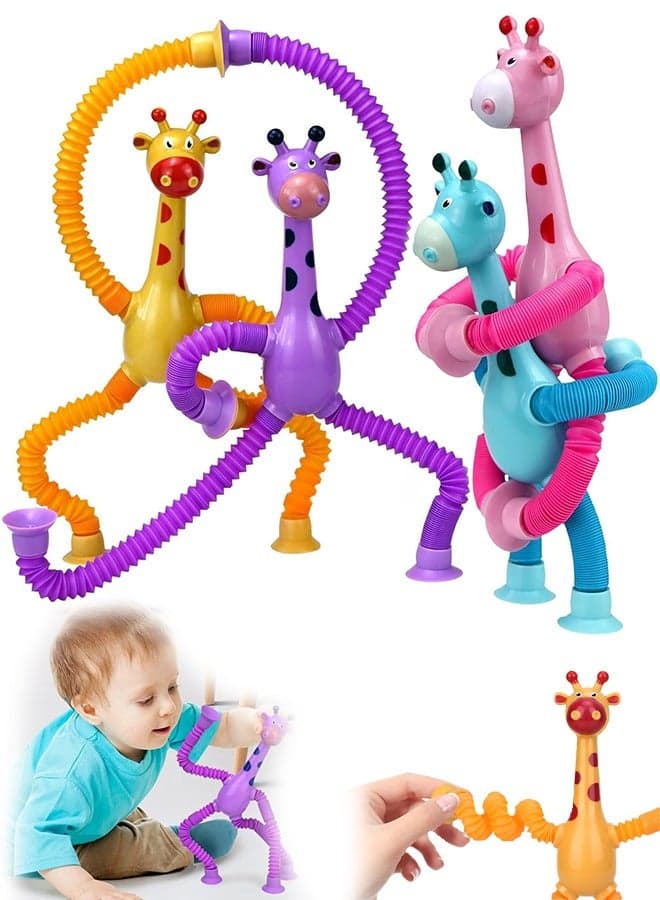 4Pcs Telescopic Suction Cup Giraffe Toy - Sensory Tube Toddler Travel Toys, Connect & Pop Fidget for Kids, Autism Sensory Toys, Encourages Imaginative Play & Creative Thinking