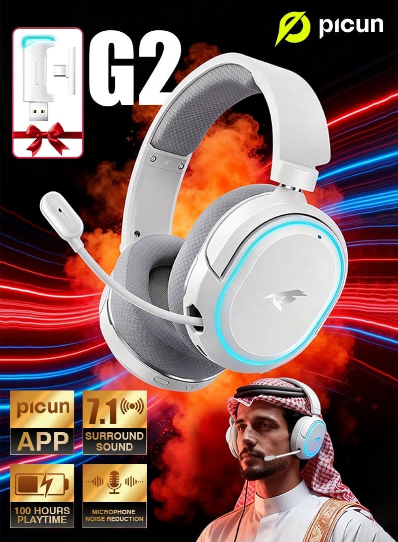 PICUN G2 RGB Wireless Gaming Headset, 7.1 Surround Sound, 2.4GHz USB Gaming Headphones with Bluetooth ENC Noise Canceling Mic,Wireless Headset for PC PS5 PS4 Mac Switch