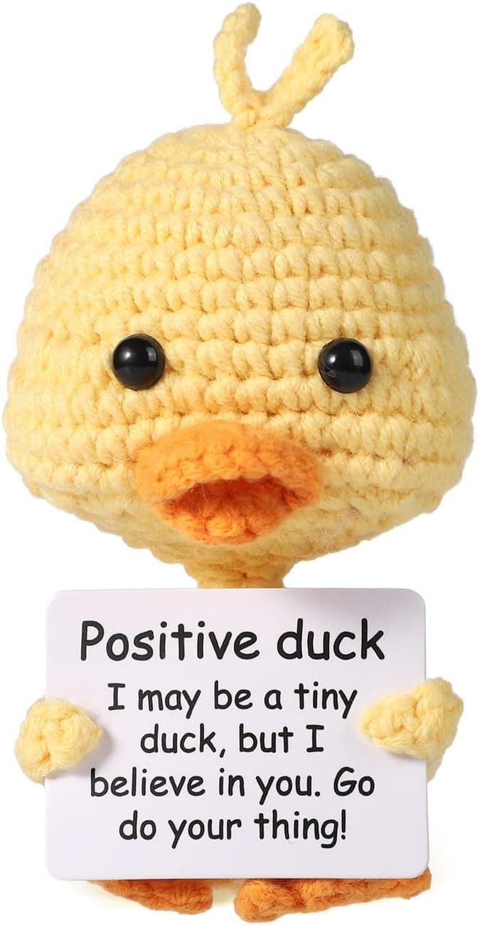 Happy Threads Pocket Duck Plush with Inspirational Message Card, Handmade Crochet Emotional Support Keepsake, Cute Desk & Shelf Décor, Small Cheer-Up Gift for Friends, Kids & Partners