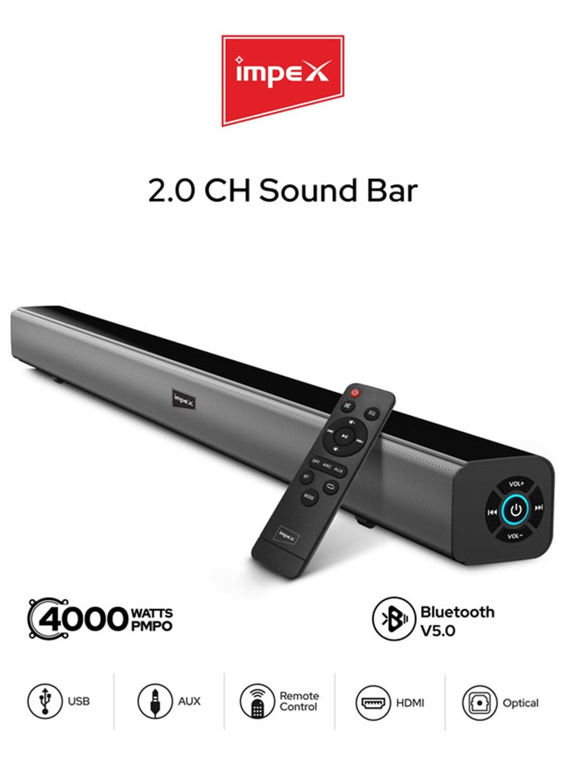 2.0 Channel Sound Bar with 3000W PMPO Power, Bluetooth Version 5.0, LED Display, Remote Control, USB/AUX/HDMI/Optical Inputs SB 1401 Black