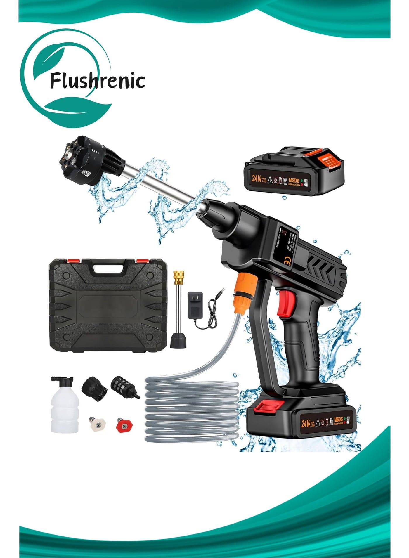Cordless high-pressure cleaner, 6-in-1 nozzle portable battery-powered high-pressure cleaner, handheld, with 2 batteries, for car/floor/patio cleaning (black)