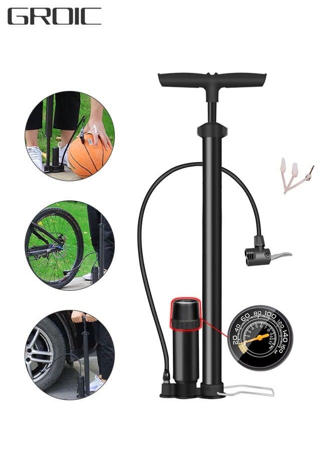 Bike Pump with Gauge - Portable Bicycle Tire Pump - 160 PSI Bike Air Pump,Multi-function Air Pump for Basketball/Football/Motorcycles/Car