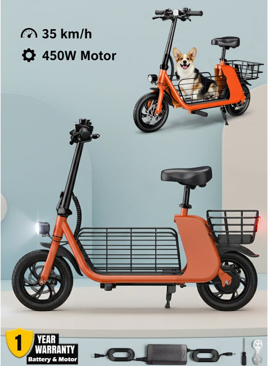C2 Cargo Electric Scooter 450W Motor, 35KM/H Speed, 36V 8Ah Battery, 25–30KM Range, Aluminum Alloy Frame, Dual Disk Brakes, Large Front and Rear Storage Baskets, 12-Inch Tires – Ideal for Delivery, Commuting and Urban Rides