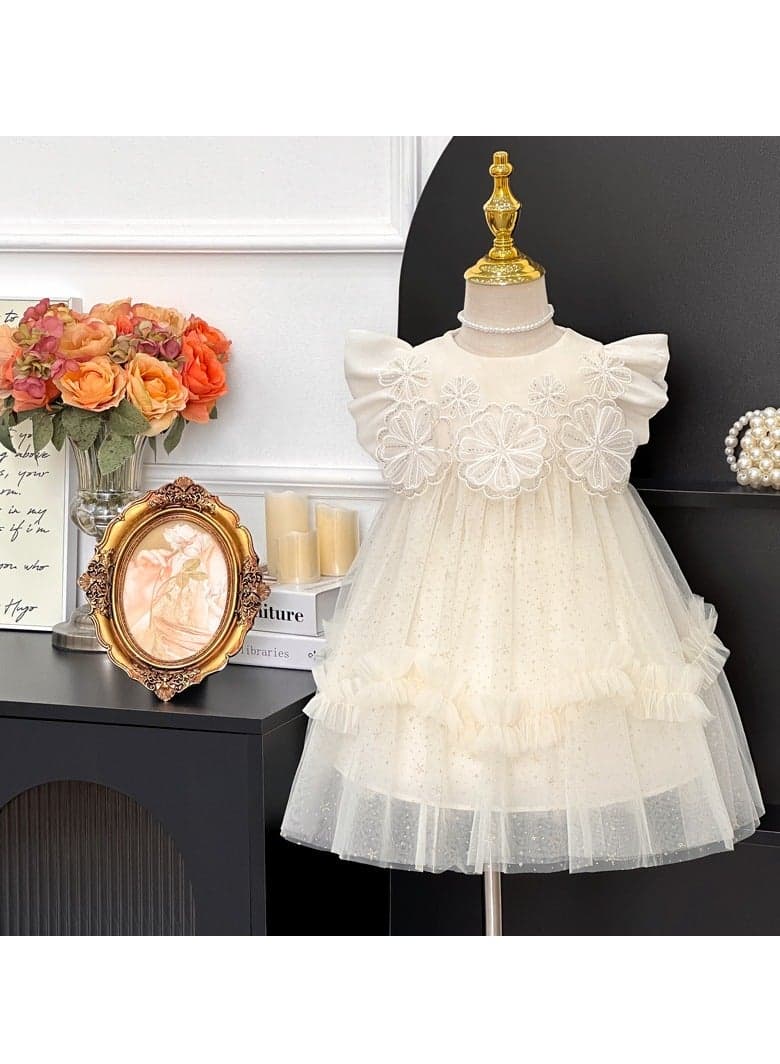 2–3Y Toddler Girl Summer Princess Dress, Floral Embroidered Bodice with Layered Sparkly Tulle Skirt, Sleeveless Elegant Outfit for Birthday, Eid, Wedding, Photoshoot, Fit for Height 100cm