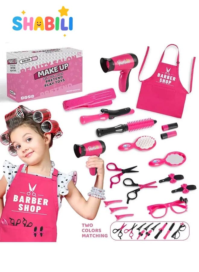 17Pcs Beauty Salon Pretend Play Kit for Girls Aged 3+ Pink Hairdresser Role Play Set with Apron Hair Dryer Curler Safe Makeup Toy Gift for Kids Toddlers Birthday Party Cosplay Educational Toy