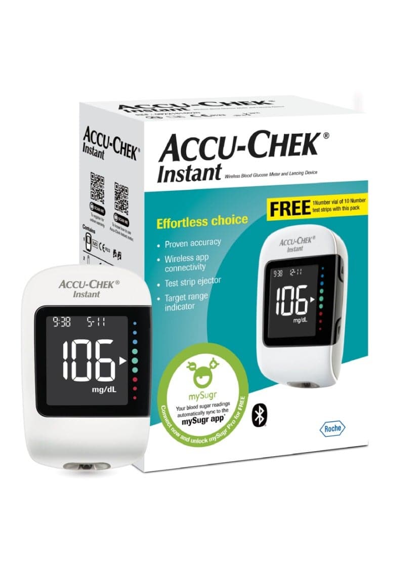 Accu-Chek Instant Smart Blood Glucose Meter with Bluetooth Connectivity | Glucometer Kit with FREE 10 Strips + 10 Lancets + 1 Lancing Device