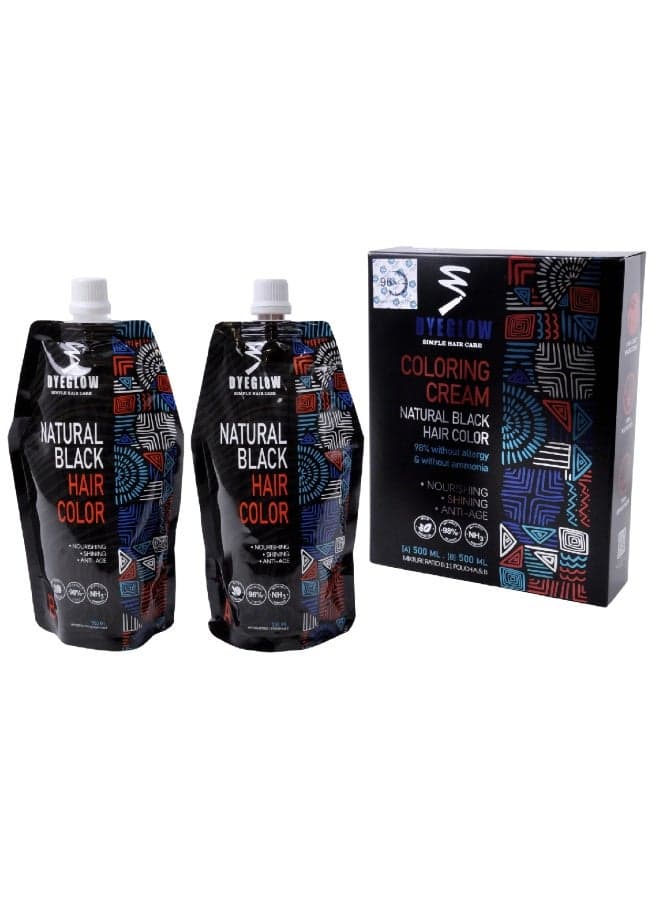 DYEGLOW Natural Black Hair Coloring Cream 98% Without allergy & Without ammonia , Nourishing, Shining, Anti-age 500ml*2