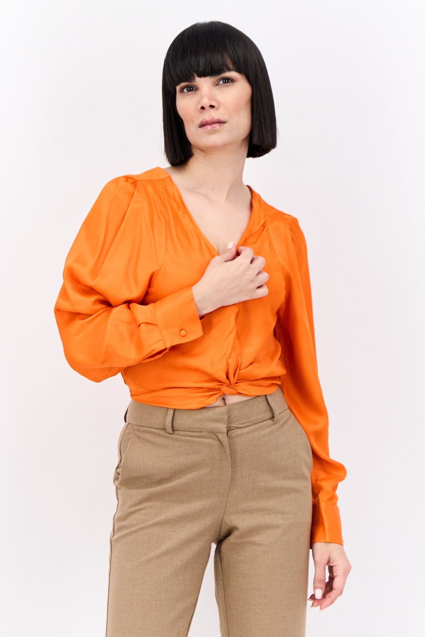 Women V-Neck Long Sleeves Plain Blouse, Orange