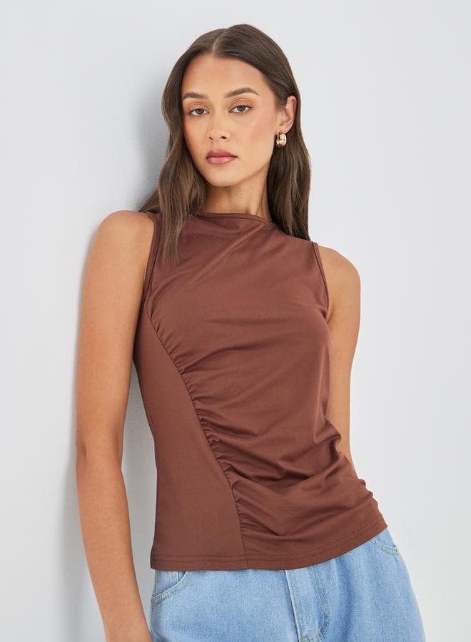 Styli Sleeveless Ruched Detail Round Neck Knit Top