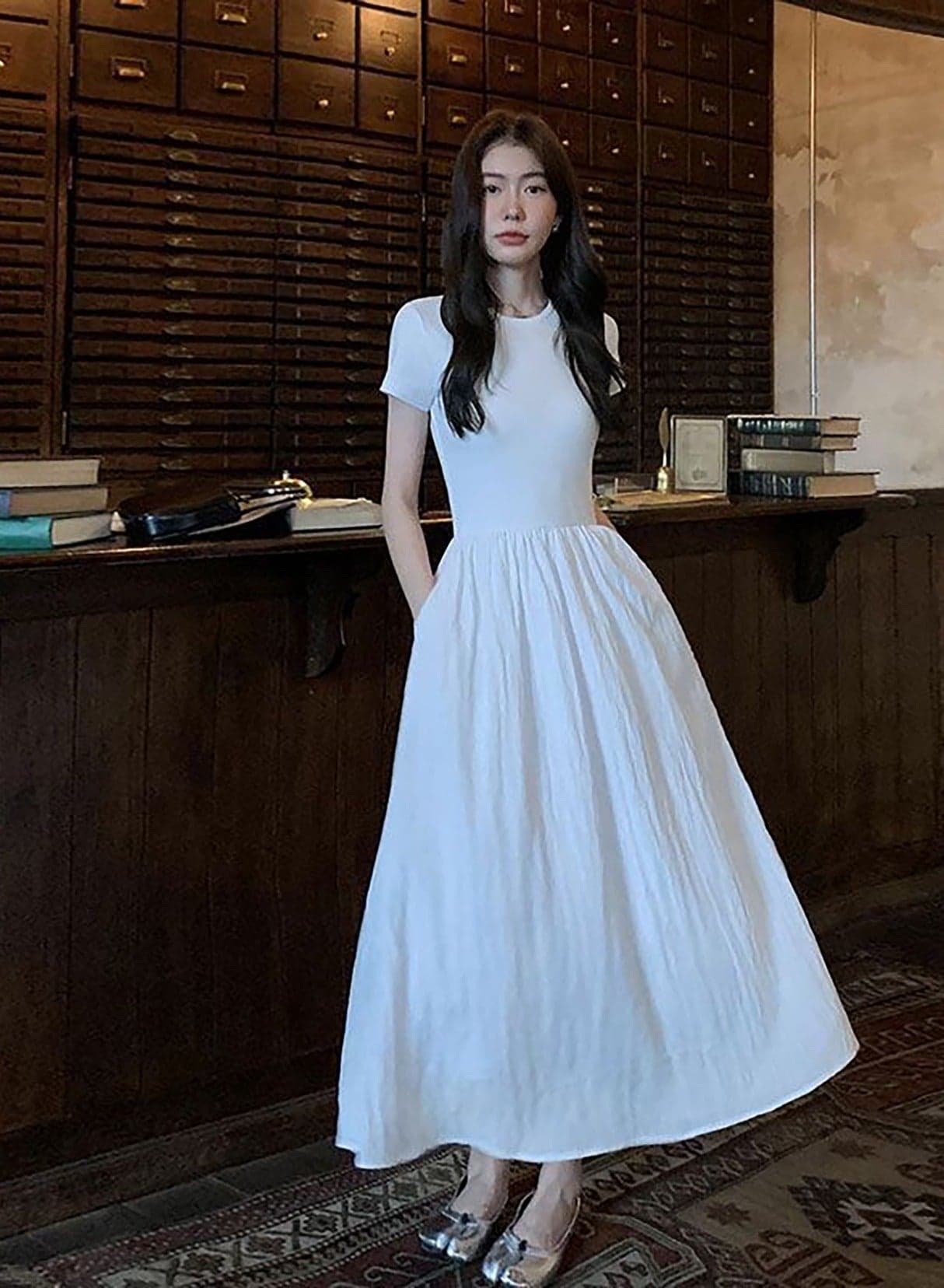 PopCollective Ribbed-knit Midi Dress Casual Cotton Blend Dress Short Sleeve Chic High End Slit Stylish and Trendy outfit Women’s Fashion Apparel suitable for vacation or daily outfit