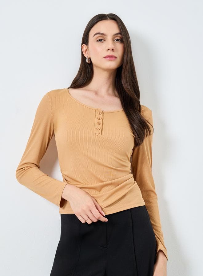Take Two Crew Neck Buttoned Ribbed Knit Top