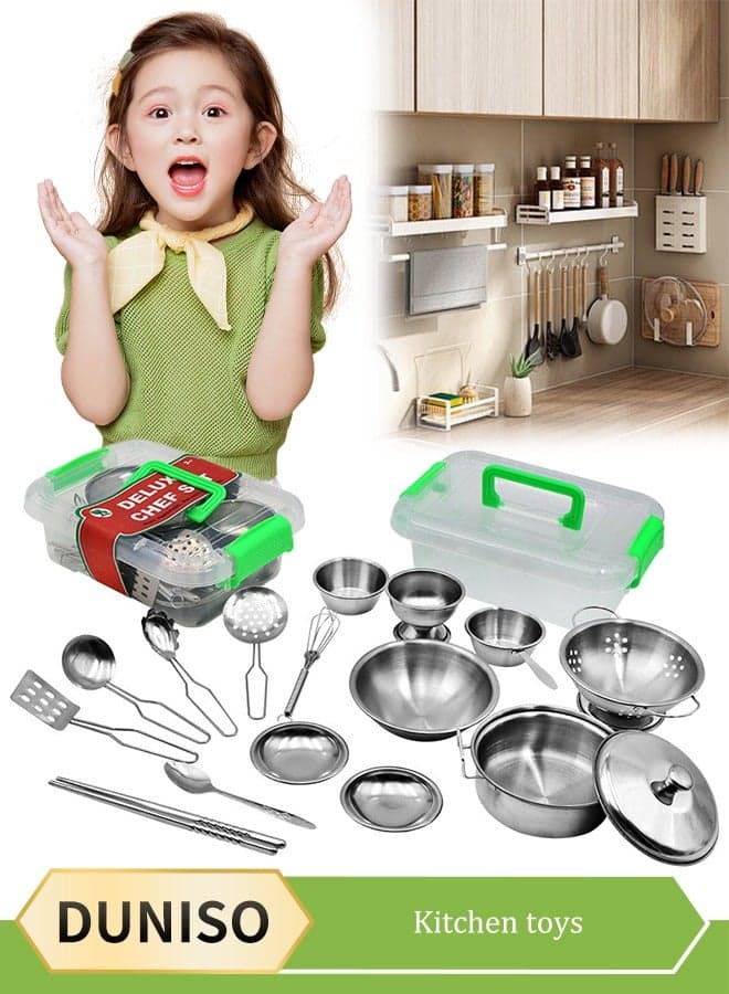 17Pcs Kids kitchen toy set, stainless steel pot set, tiny size pretend cooking utensils toys, with carrying case, suitable for boys and girls