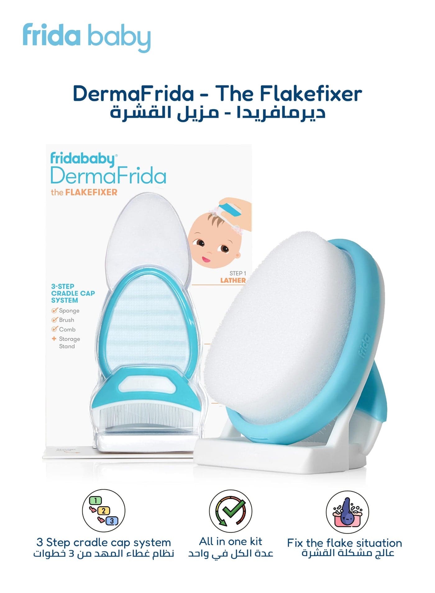 DermaFrida 3-Step FlakeFixer Cradle Cap System | Lather | Loosen | Lift | Soft Sponge, Gentle Brush & Comb | Fix Cradle Cap | For Newborns | Easy to Use | Blue/White
