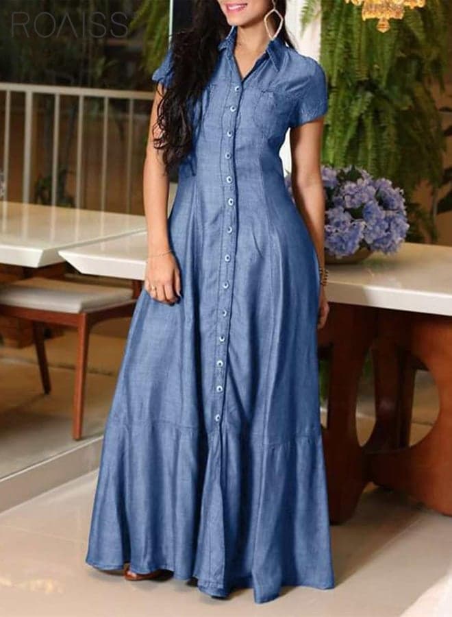 Women's Casual Denim Shirt Dress Lightweight Long Dress Classic Lapel Collar, Button-Front Closure Side Pockets Soft Breathable for Daily Commuting, Weekend Outings, And Casual Occasions Blue
