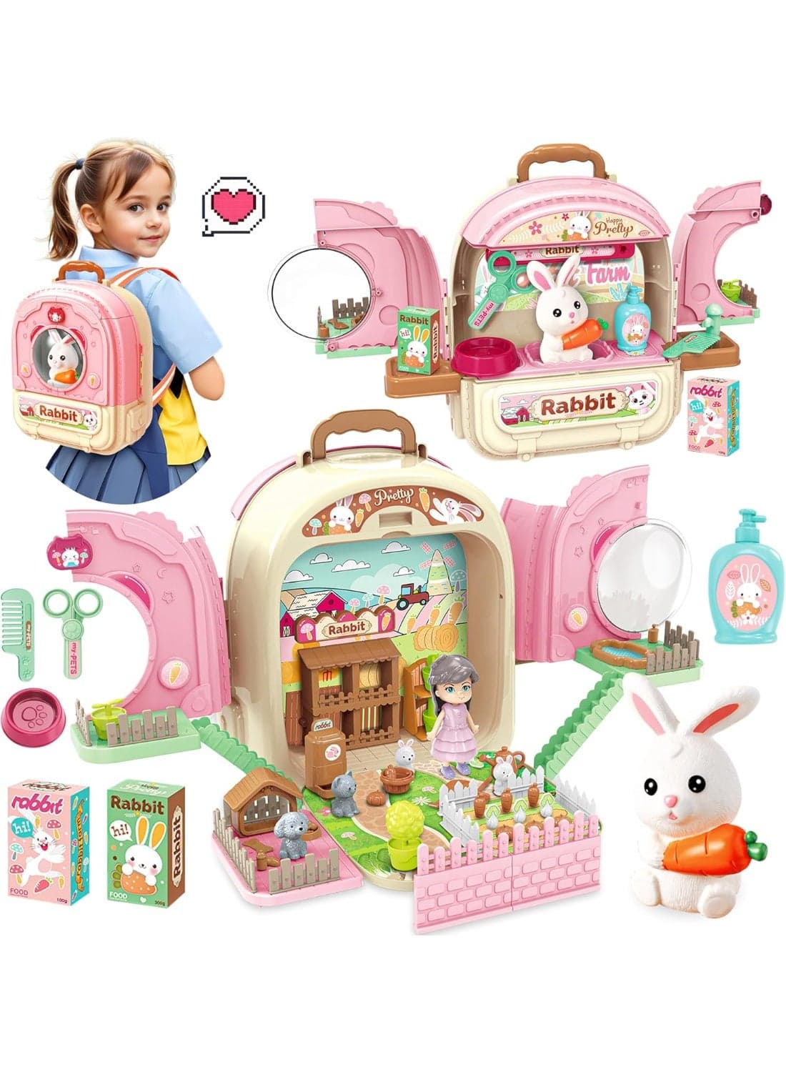 Pet Rabbit Doll Pretend Play Toy with Carrier Backpack,3 in 1 Care Playset, Pretend Play Accessories & Hair Dryer Toy, Rabbit Role Play Set for Girls Ages 3+