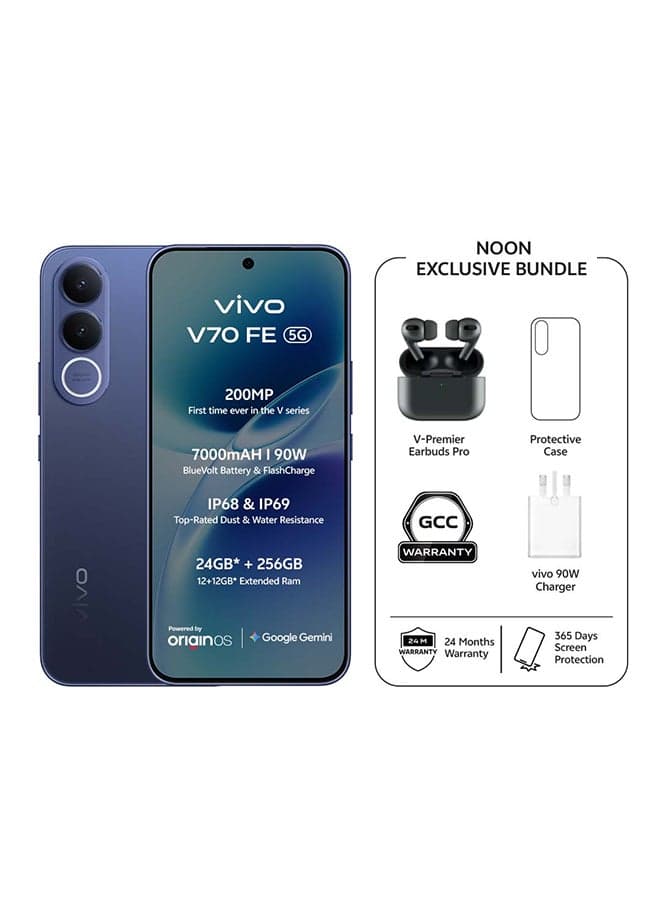 V70 FE 5G AI Dual SIM Ocean Blue 12GB 256GB With Exclusive Gifts: TWS Pro 90W Charger, Protective Cover, 4-year free battery replacement And 24 Months Warranty + 1 Year Screen Replacement - Middle East Version