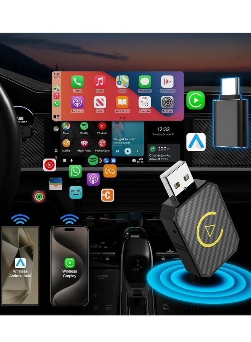 2-in-1 Wireless Carplay Dongle for OEM Wired Carplay Android Auto Car, Mini Android Auto Wireless Adapter & Carplay Wireless Adapter, Wireless CarPlay Adapter for iPhone IOS 10+/Android 11+, USB-C/USB