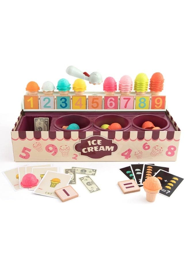 Ice Cream Toy for Kids, Wooden Ice Cream Cart Toy with Food Toy, Ice Cream Counter Toy, Ice Cream Toy Set, Ice Cream Shop Toys for Age 3 4 5 Years Old Girls and Boys Gifts