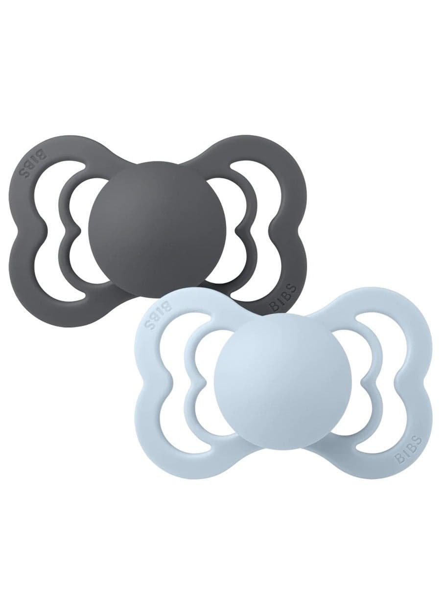 BIBS Baby Latex Thumb Type Pacifier Size 2 Baby 6-18 Months Set of 2 Black/Blue