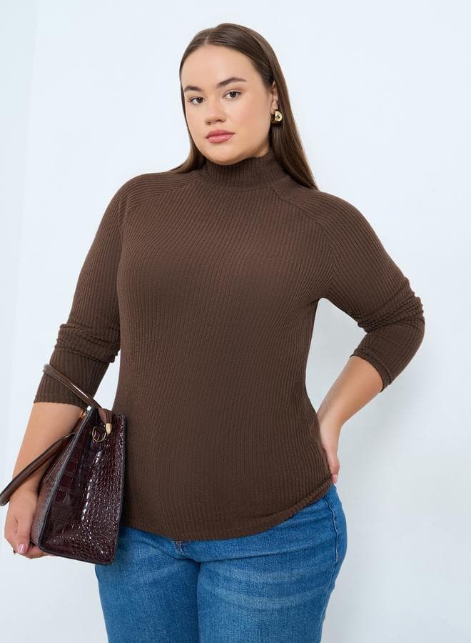 Plus Size Brown Ribbed Knit Top