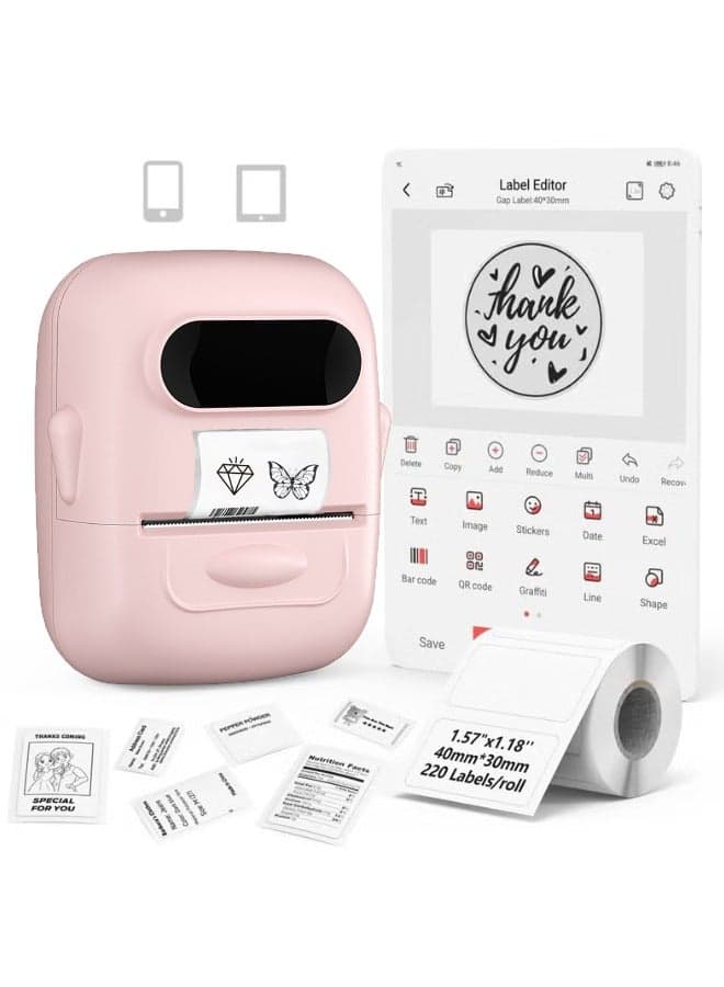 Label Maker, Bluetooth Label Maker, Sticker Label Maker, Mini Label Printer, Thermal Printer for Tag, Kitchen, Clothes, Food, Barcode, Price, Pink(With 1 Roll Label)