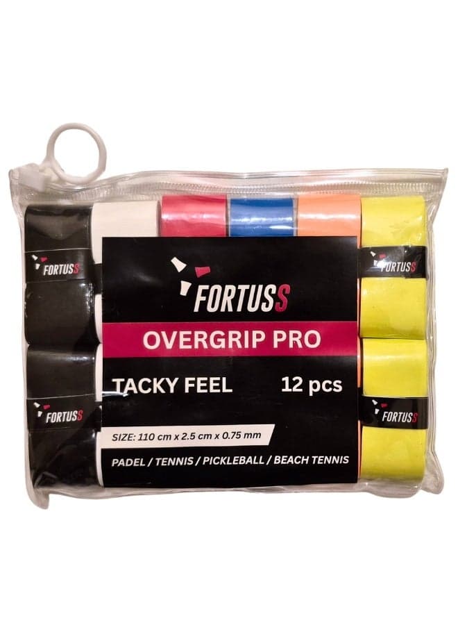 FORTUSS Tacky Feel Padel Overgrip – 12 PCS | Premium PU Grip Tape for Padel, Tennis, Pickleball & Beach Tennis | Non-Slip, Sweat-Absorbent & Durable | 110 cm x 2.5 cm x 0.75 mm (Multicolor)