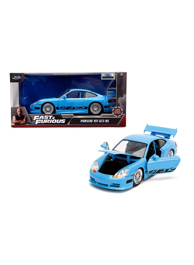 Fast and Furious 2007 Brian's Porsche 911 GT3 RS Die-Cast Collectible Model Car with Opening Doors, Freewheel Vehicle, 1:24 Scale, Blue