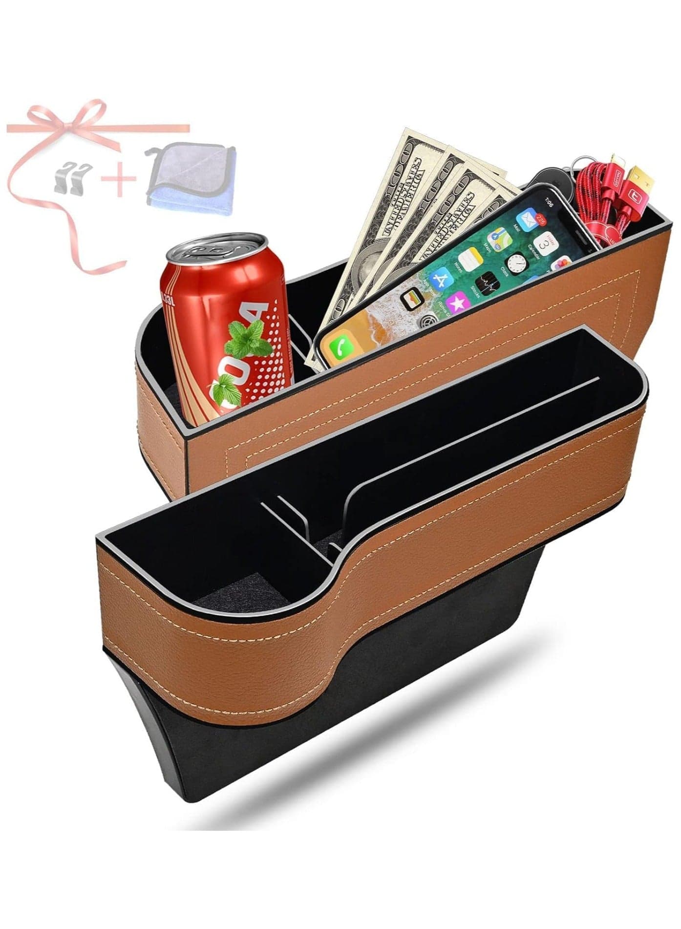 2 Pack Car Seat Gap Organizer Storage Box Cup Holder Car Console Side Pockets PU Leather Cellphones Key Cards Sunglasses Small Items Car Interior Accessories (Right and Left, Brown)