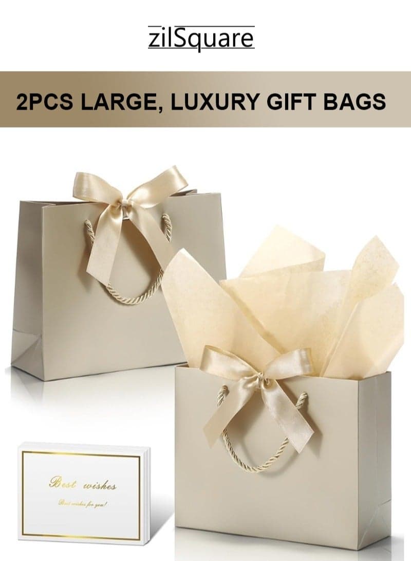 Luxury 2Pcs Large Gift Bag with Satin Ribbon Bow, Rope Handles, Tissue Paper & Best Wishes Card Premium Glossy Reusable Paper Gift Bag for Birthday, Wedding, Anniversary, Baby Shower, Corporate, Holiday, Party & Eco-Friendly, Gift Box Empty