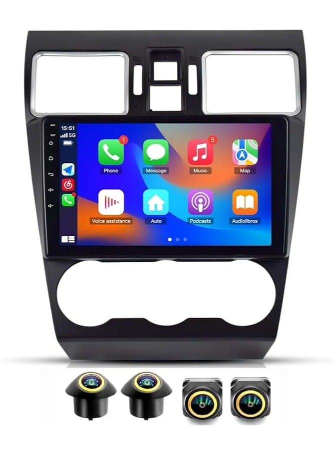 Android Car Stereo for Subaru Forester 4 WRX SJ XV 2015-2017 4GB RAM 64GB ROM Support Carplay, M-Link Wi-Fi BT, Radio GPS, 9 Inch IPS.QLED,Fast interface, Touch Screen with 360D Camera Included