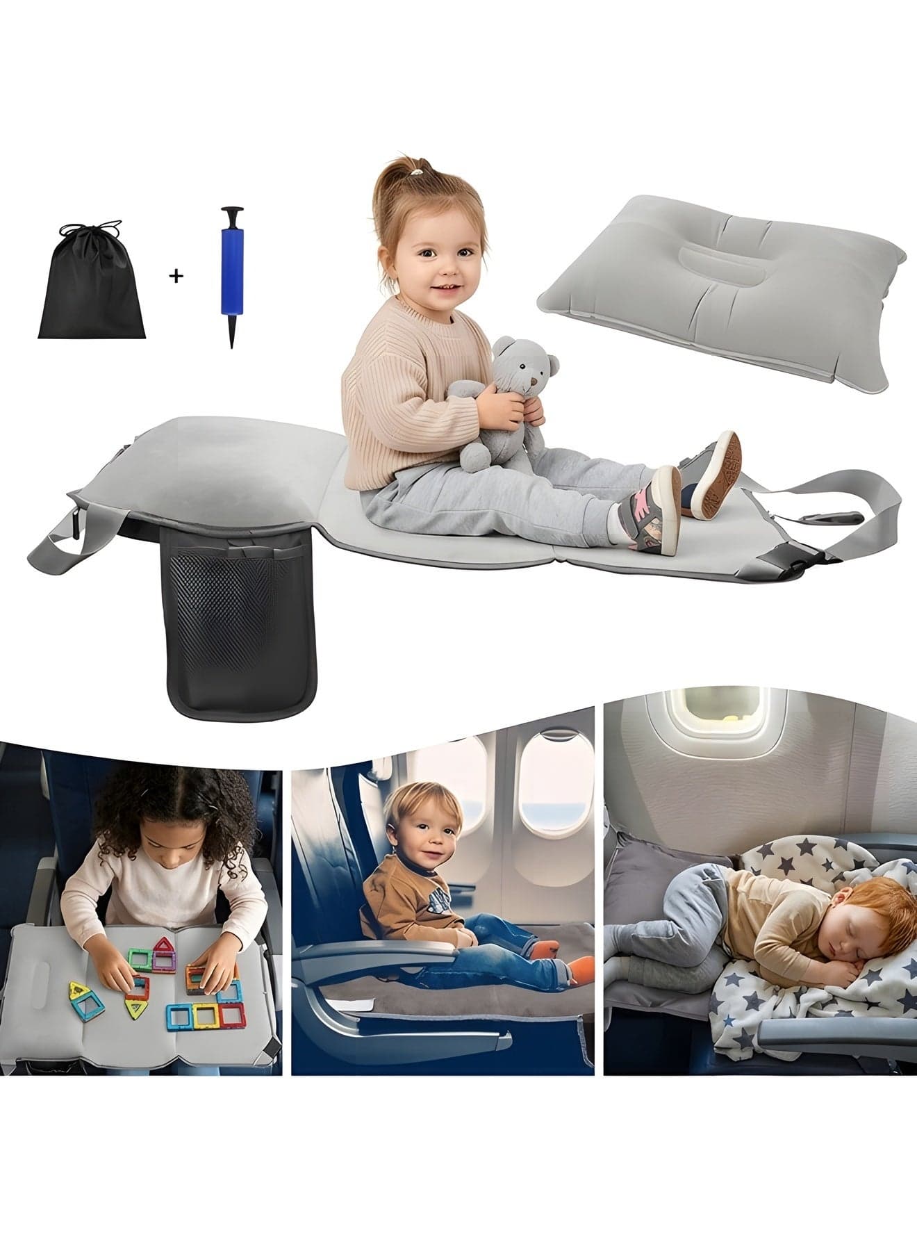 Toddler Airplane Travel Bed, Airplane Seat Extender For Kids With Inflatable Pillow, Baby Portable Plane Bed Foot Leg Rest For Flight, Kids Airplane Travel Essentials (Grey)