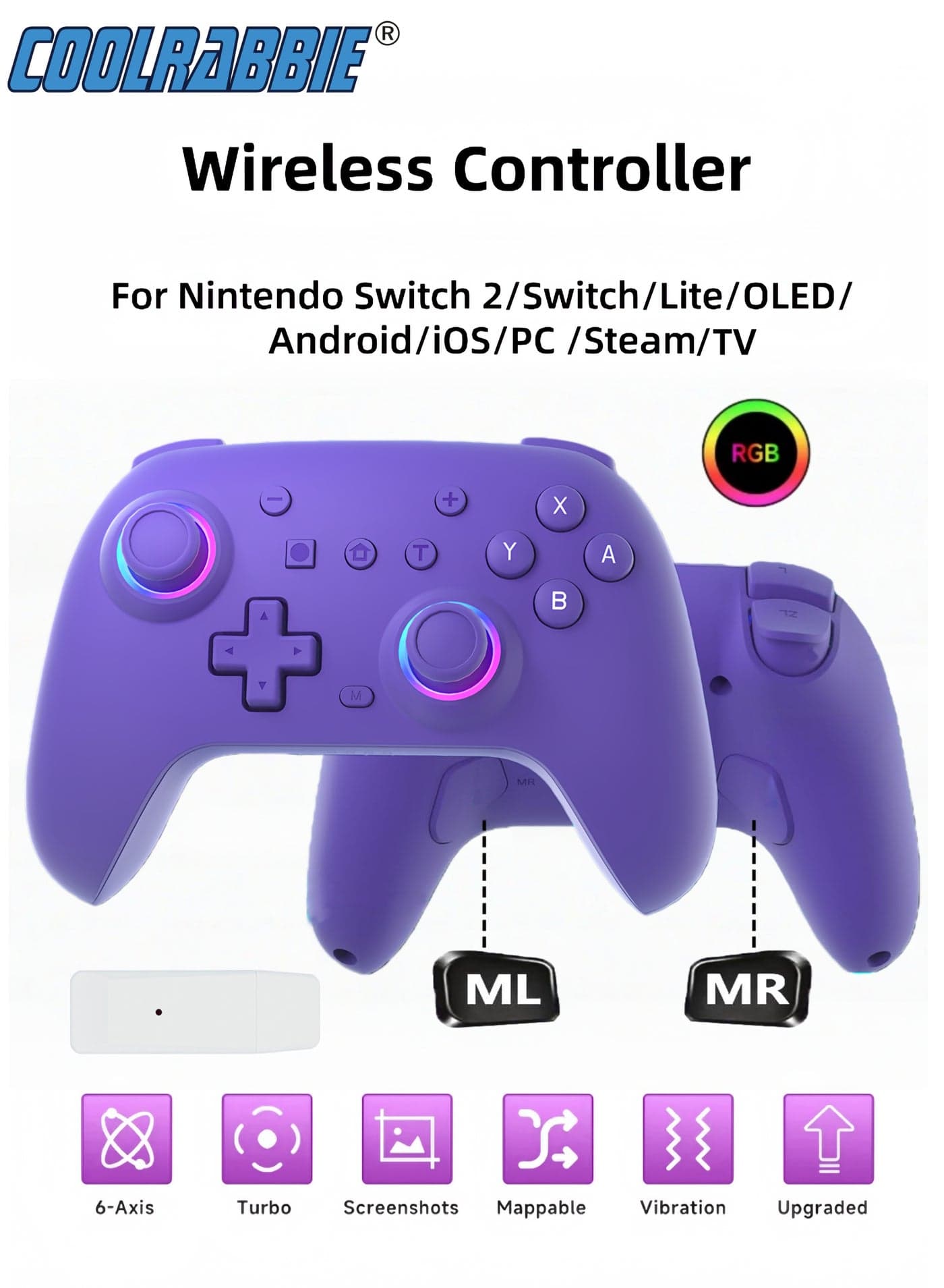 RGB Wireless Switch Controller for Nintendo Switch 2,Switch Pro Controller for Switch/OLED/Lite/PC/Steam Deck/TV,Gamepad Hall Effect Joystick Trigger with 7 Colors LED Light/3-level TURBO Adjustable,4-Speed Dual Vibration,Support Wake Up and Gyro Axis Motion