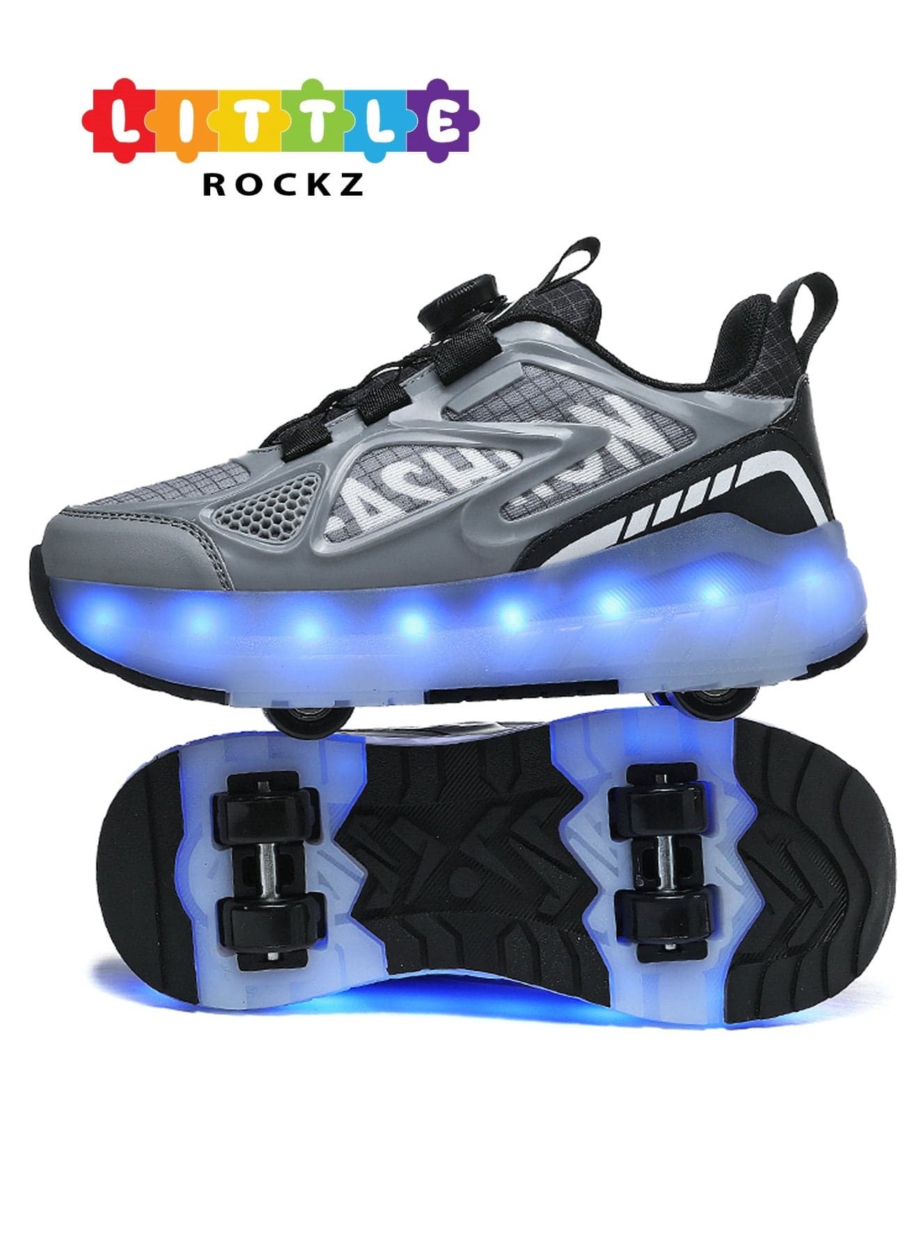 Kids Four Wheel Roller Shoes Rechargeable LED Flash Light Sneaker Skate Heelys Shoes Black